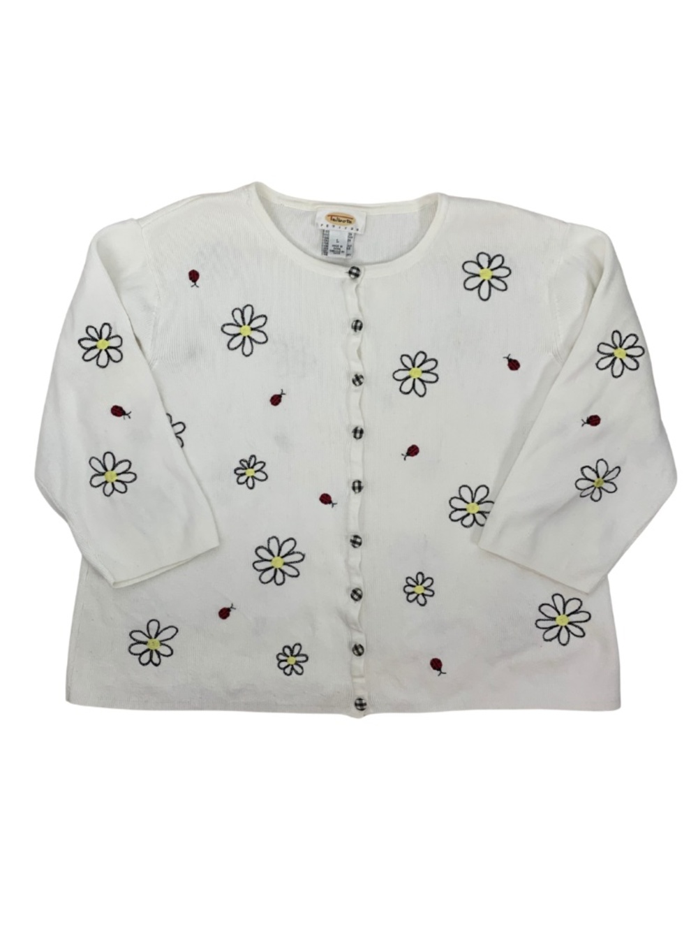 Talbots White Cardigan Daisy Ladybug Motif Cardigan Womens L Cottagecore Vintage